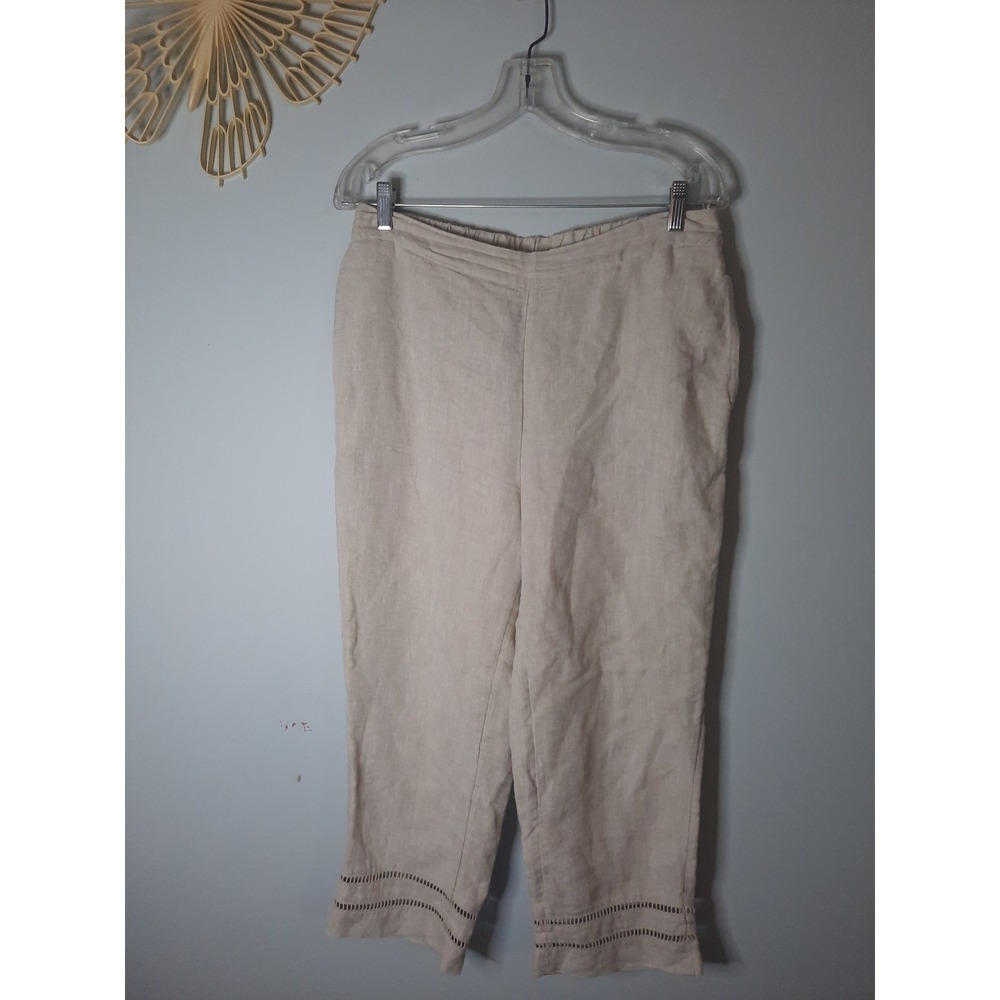 Chicos Linen Cropped Pants Beige Ladder Stitch Hem Elastic Waist Size 1 US 8